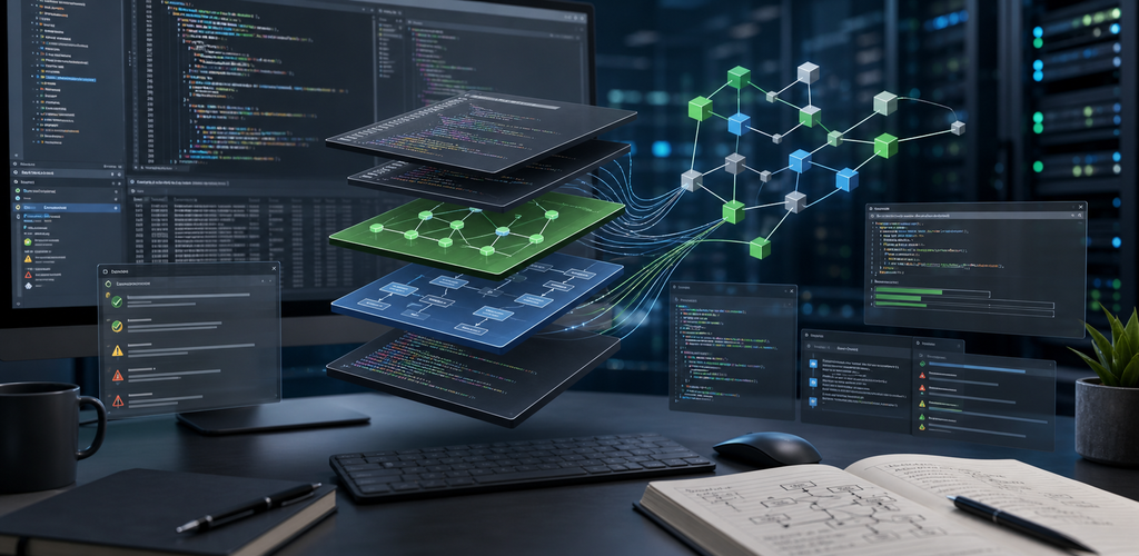 Ilustración editorial de GCC 16 como una cadena de herramientas de compilación de software